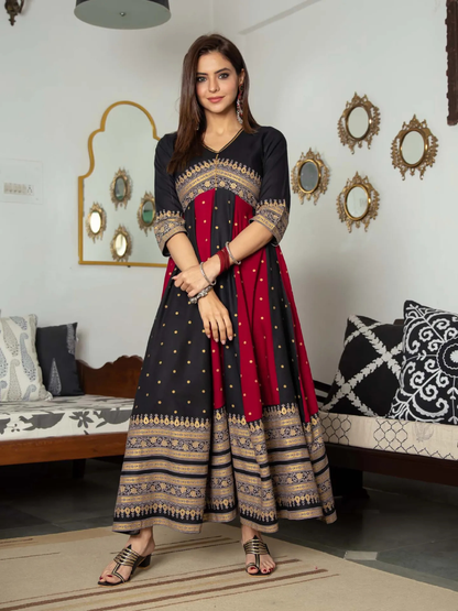 Black & Maroon Long Kalidaar Dress With Border Details