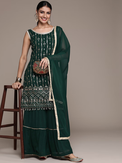 Women Green Ethnic Motifs Sequinned Kurta with Sharara & With Dupatta