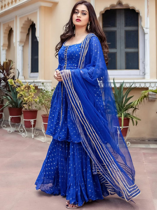 Women Blue Regular Georgette Kurta with Sharara & Dupatta
