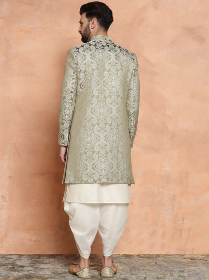 Woven Design Mandarin Collar Sherwani Set