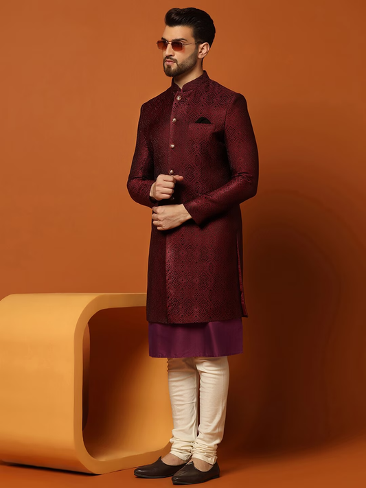 Self-Design Cotton Sherwani Set