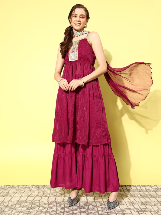 Maroon Ethnic Motifs Embroidered Regular Sequinned Kurta With Sharara & Dupatta