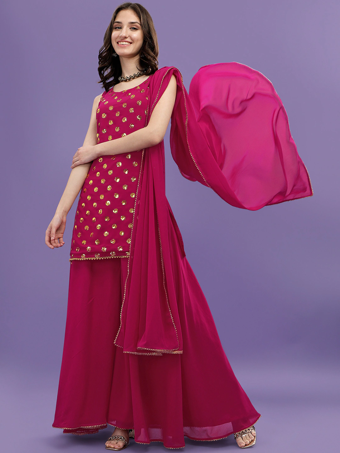 Women Pink Printed Sequinned Silk Georgette Kurti with Sharara & With Dupatta