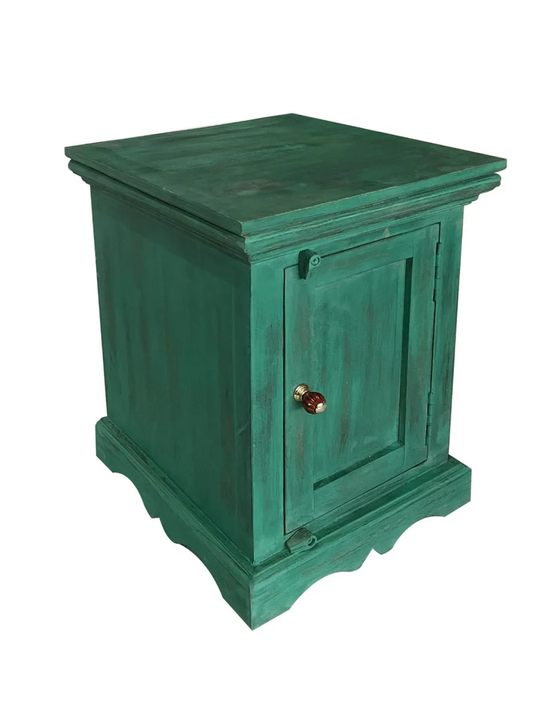 Queens Sheesham Wood Bedside Table in Antique Green Finish