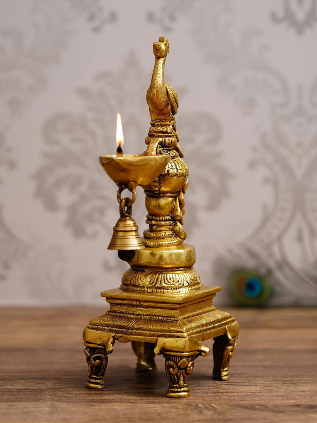 Antique Finish Brass Peacock Showpiece Diya with Bell and Stand