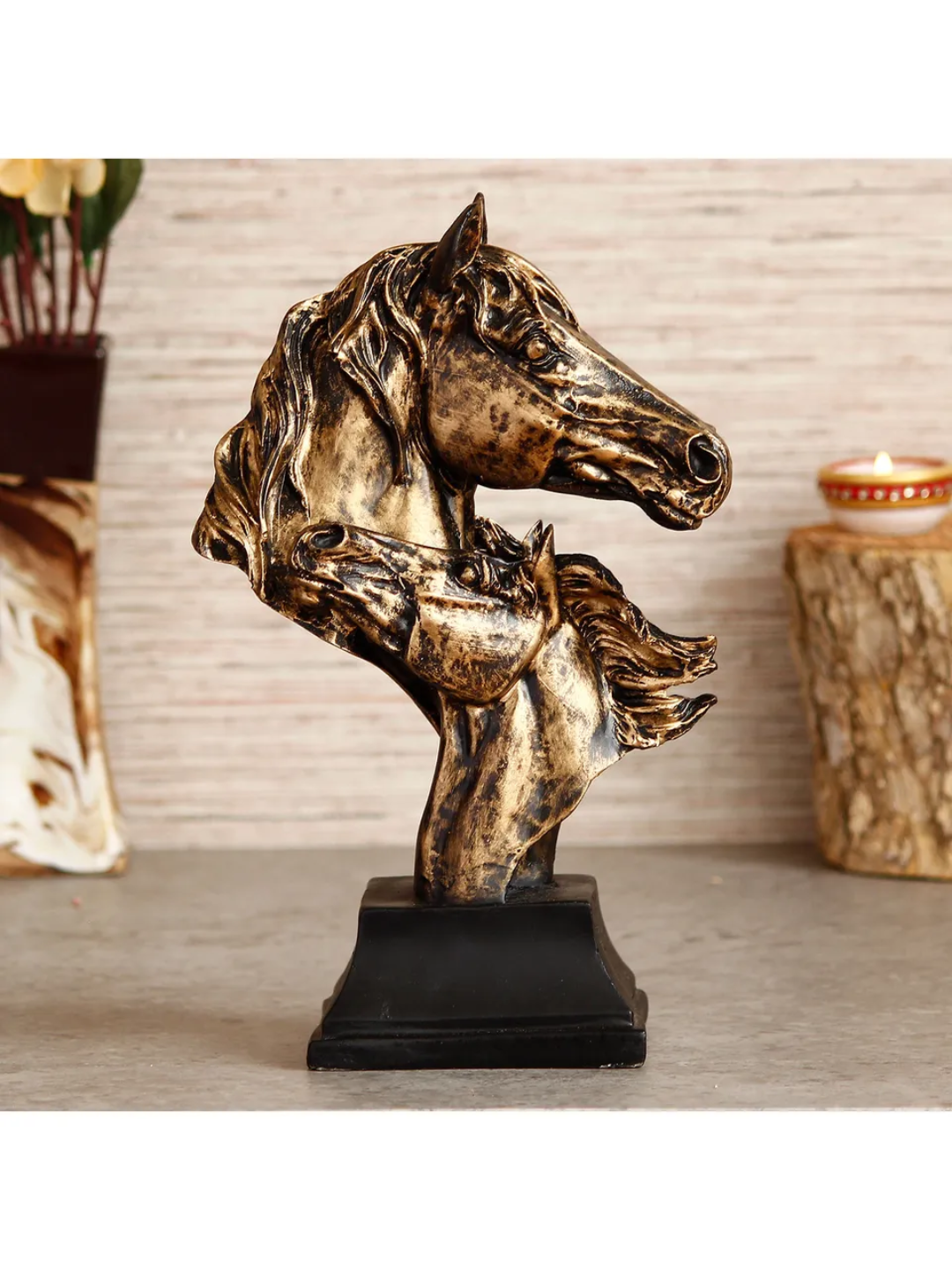 Antique Finish Horse Couple Face Handcrafted Polyresin Decorative Showpiece