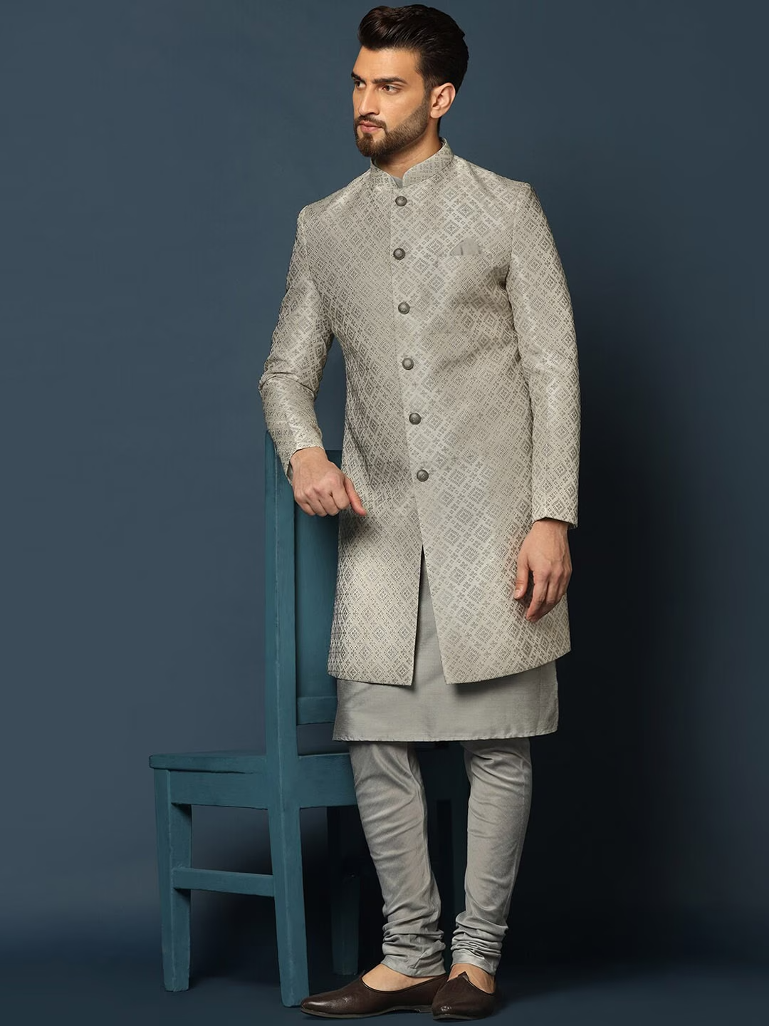 Woven-Design Cotton Sherwani Set