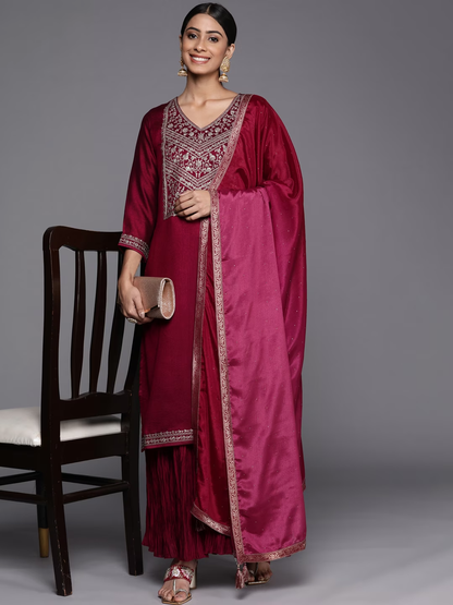 Women Fuchsia Floral Yoke Design Kurta with Sharara & With Dupatta