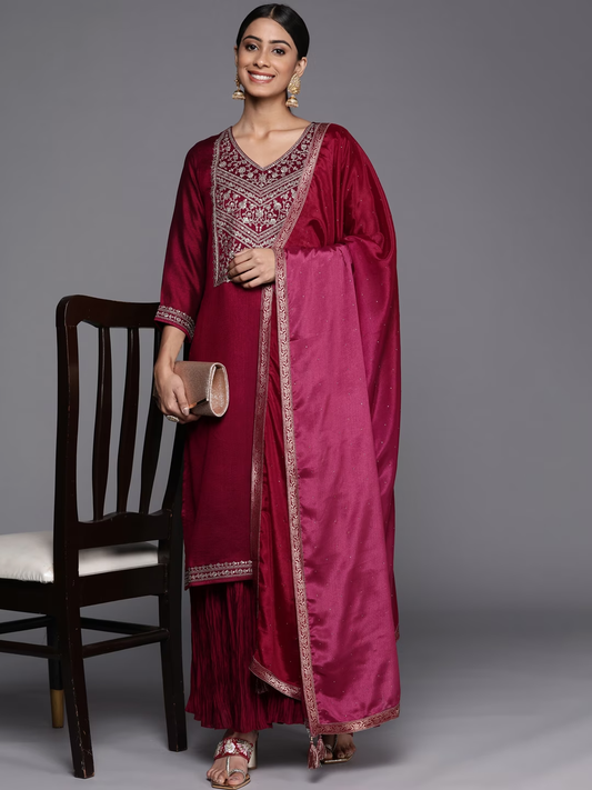 Women Fuchsia Floral Yoke Design Kurta with Sharara & With Dupatta