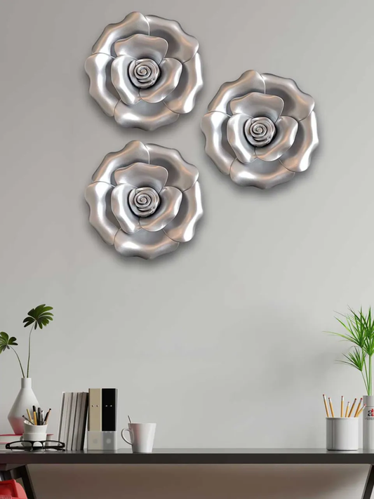 petals spiral silver rose Decorative Plastic Plate Décor, Hanging Carved Decal Set of 3