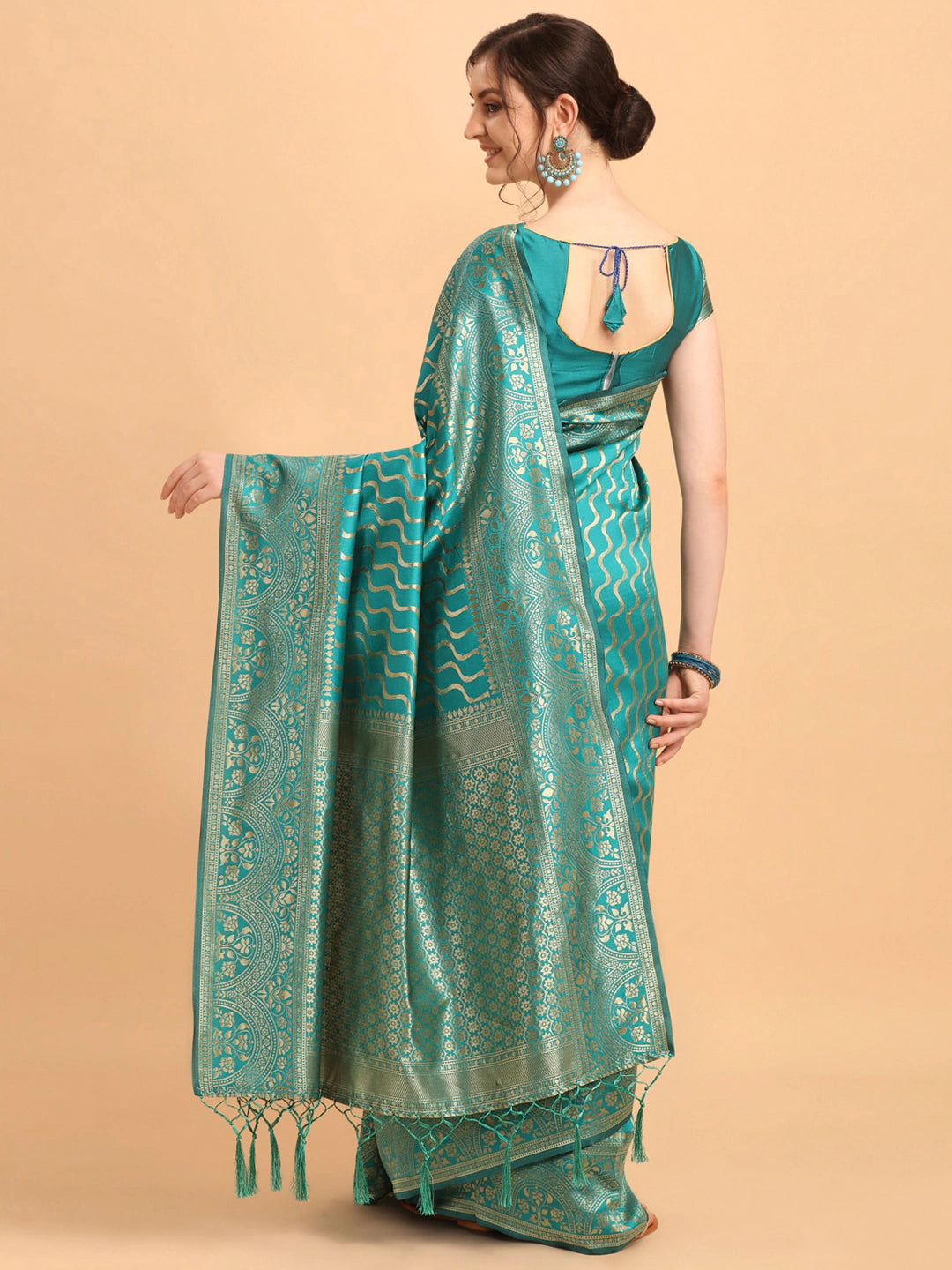 Green & Gold-Toned Silk Blend Fusion Leheriya Saree