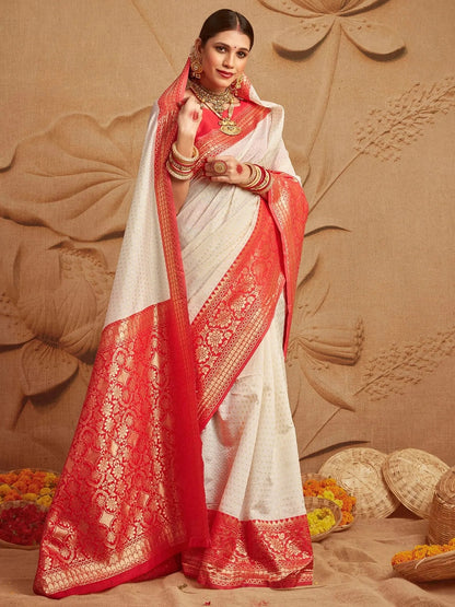 Womens Silk Blend Off White Woven Designer Saree with Unstitched Blouse