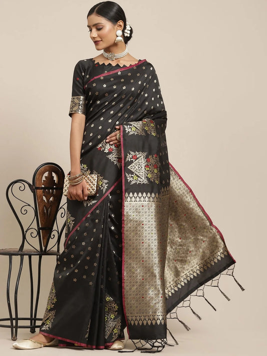 Women's Banarasi Black Woven Design Woven Saree with Unstitched Blouse