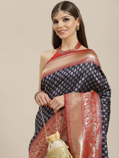 Navy Blue & Red Golden Zari Work Banarsi Saree with Unstitched Blouse