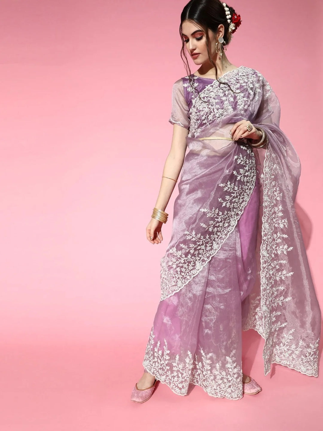 Organza Embroidered Saree with Swarovski with Unstitched Blouse