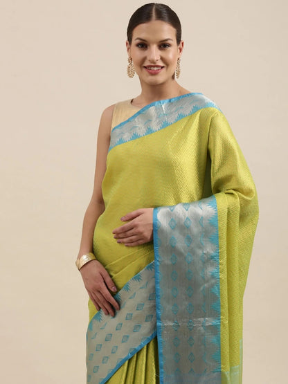 Green Resham Zari Pattu Border Art Saree with Unstitched Blouse