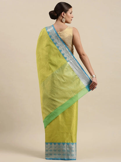 Green Resham Zari Pattu Border Art Saree with Unstitched Blouse