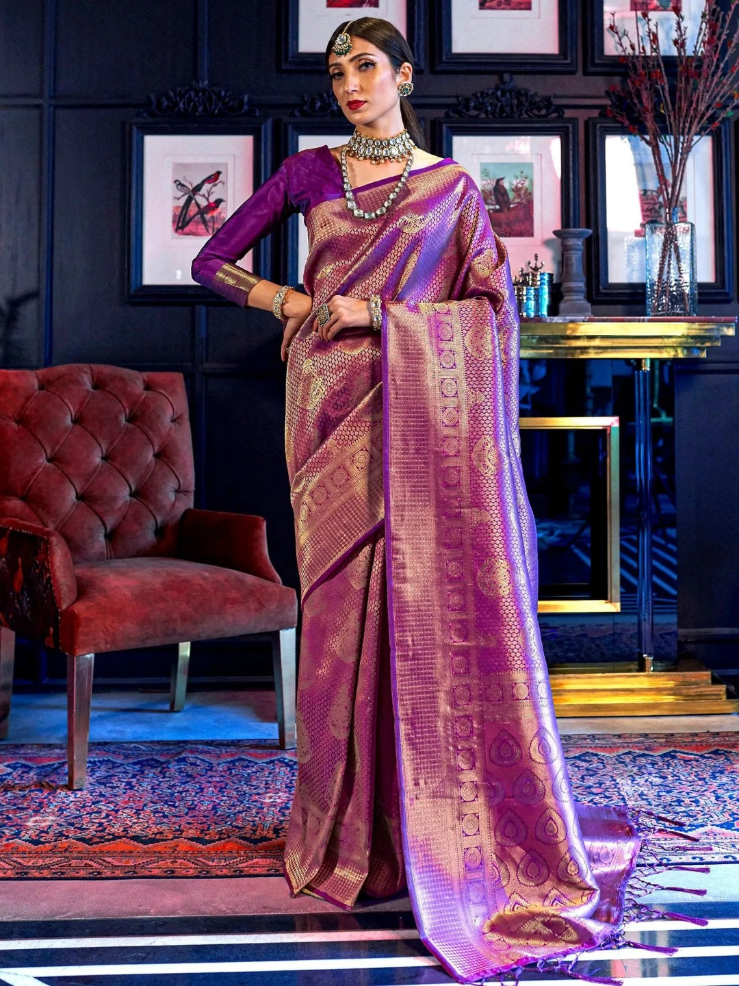 Traditional Weaving Kanjivaram Silk Designer saree with Unstitched Blouse