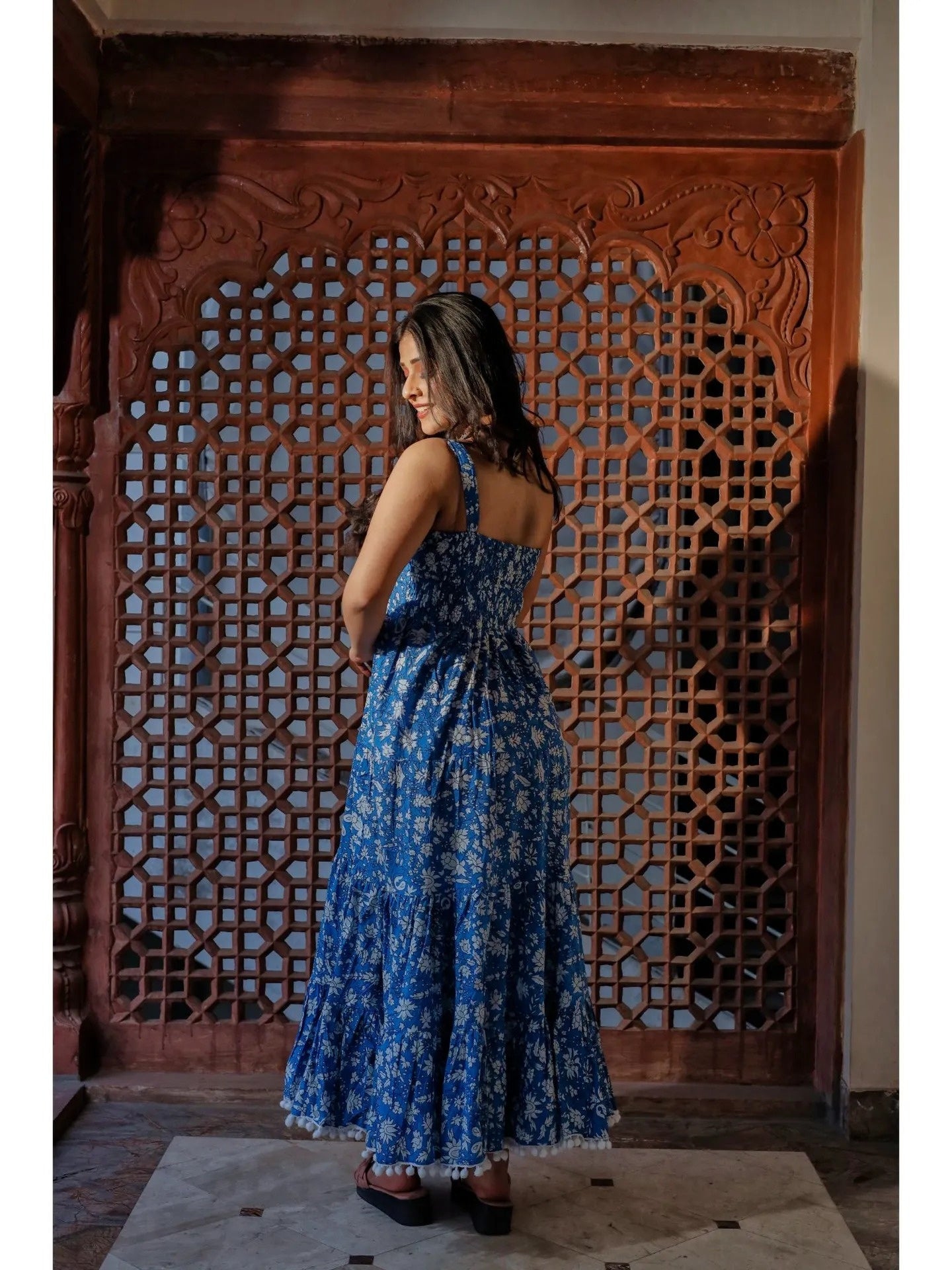 Indigo Floral Printed Shoulder Strip Long Dress