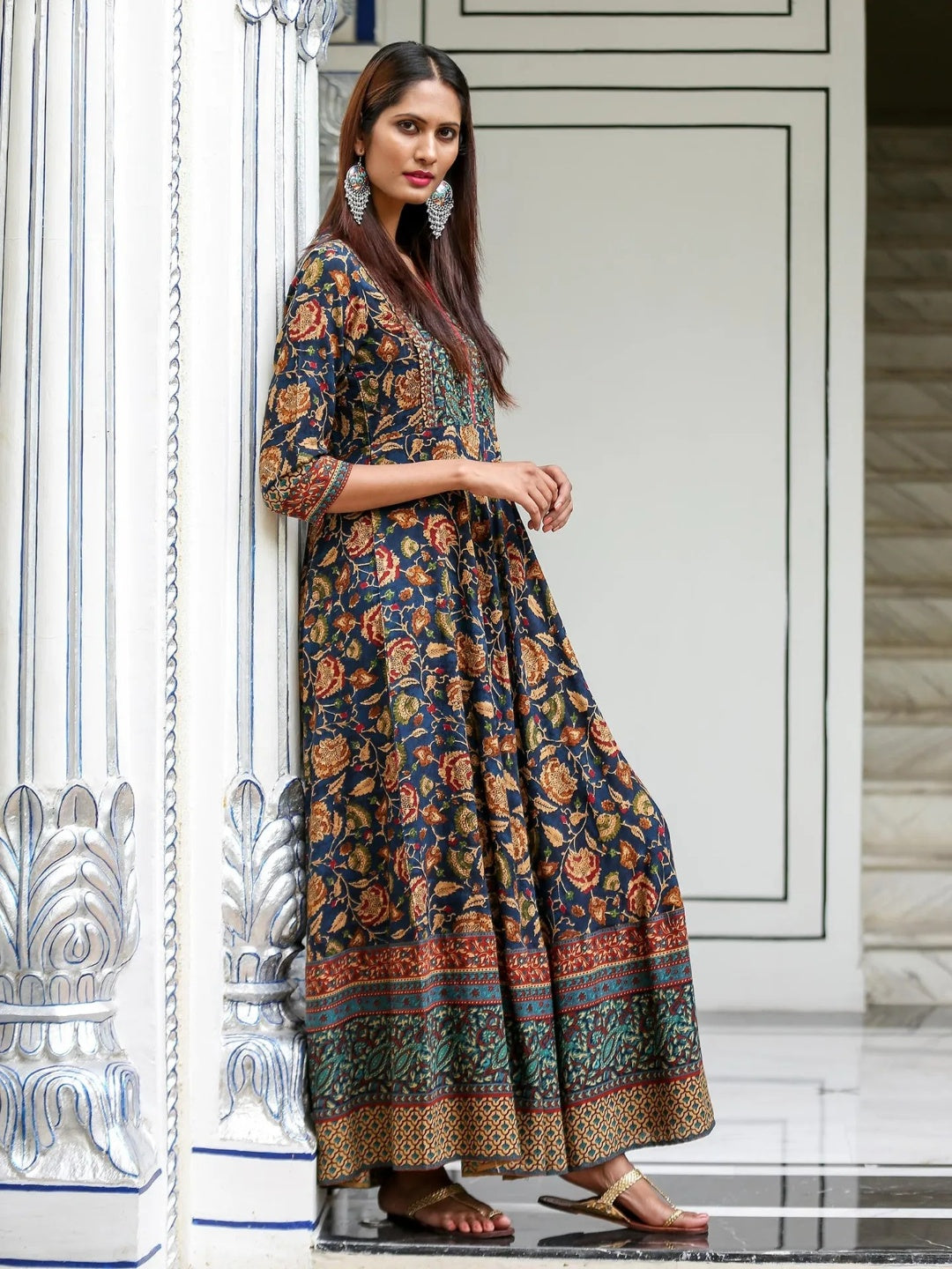 Women Navy Blue & Beige Printed Maxi Dress