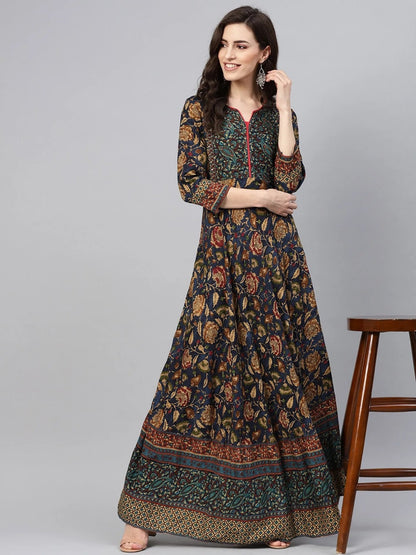 Women Navy Blue & Beige Printed Maxi Dress