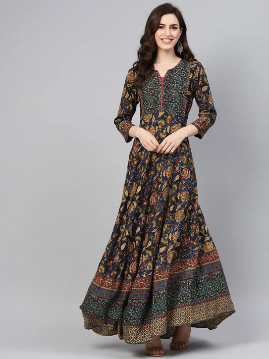 Women Navy Blue & Beige Printed Maxi Dress