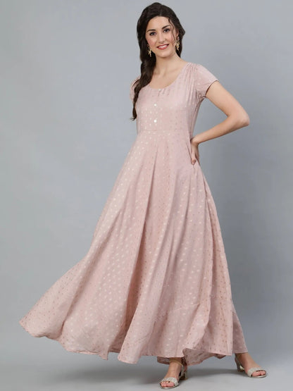 Nude Dobby Golden Zari Work Flared Maxi Dress