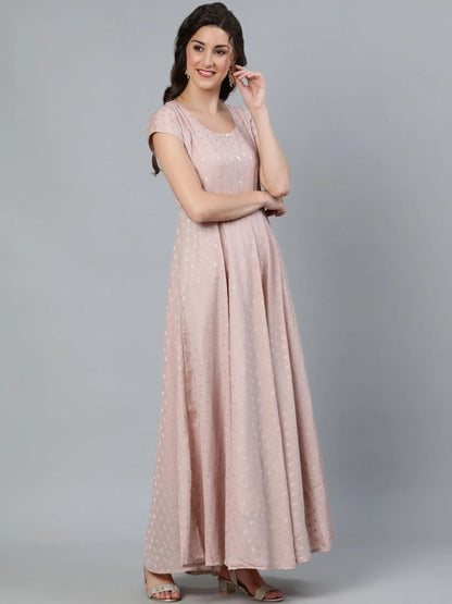 Nude Dobby Golden Zari Work Flared Maxi Dress