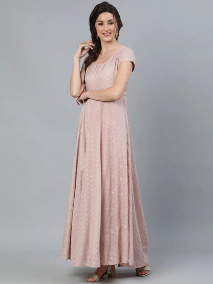 Nude Dobby Golden Zari Work Flared Maxi Dress