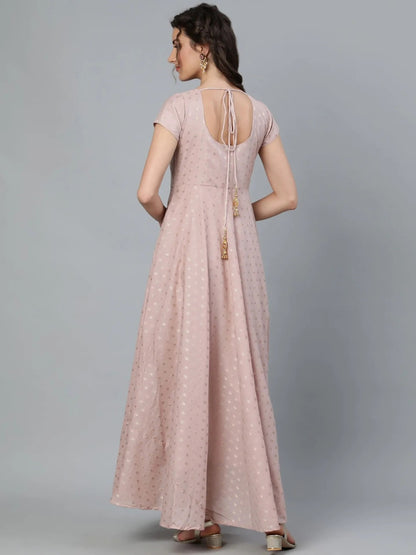 Nude Dobby Golden Zari Work Flared Maxi Dress