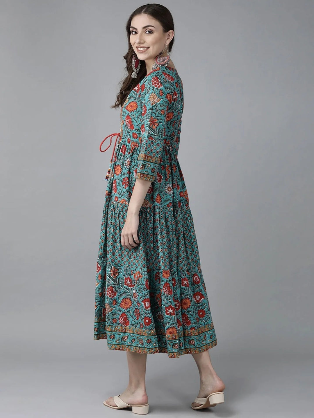 Women Green & Red Ethnic Pure Cotton A-line Midi Dress