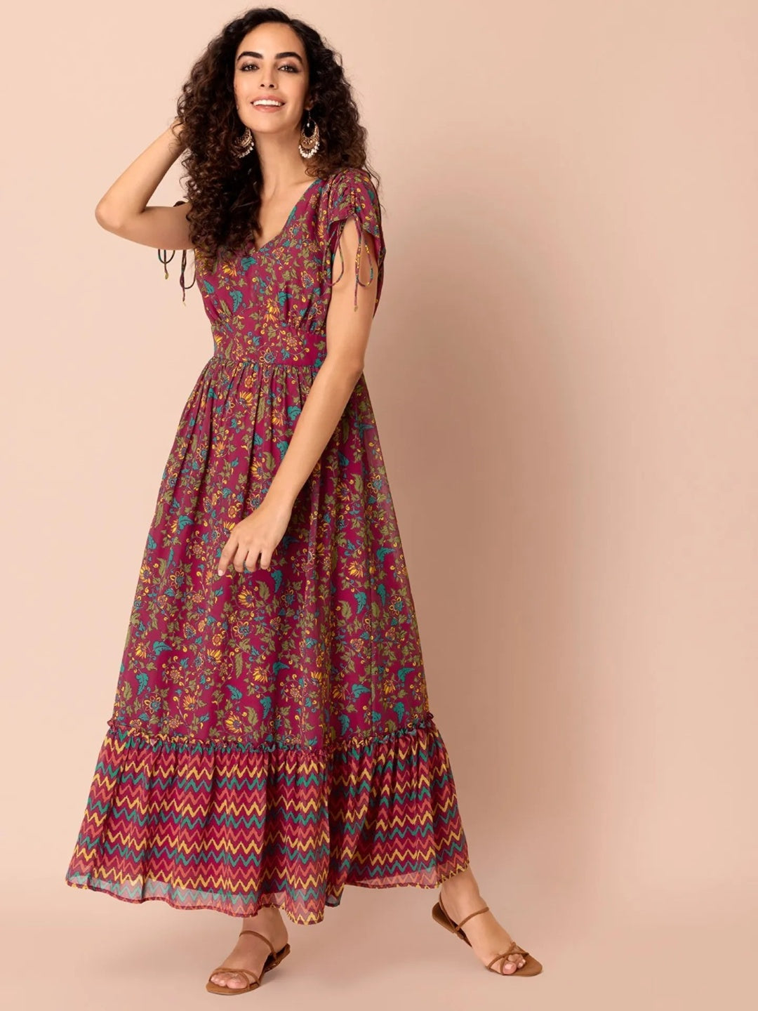 Pink Kalamkari Printed Tiered Dress