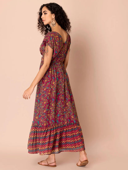 Pink Kalamkari Printed Tiered Dress