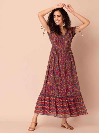 Pink Kalamkari Printed Tiered Dress