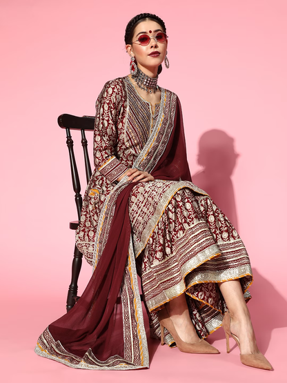 Maroon & Beige Foil Floral Print Panelled Tie-Ups A-Line Kurta Sharara & Dupatta