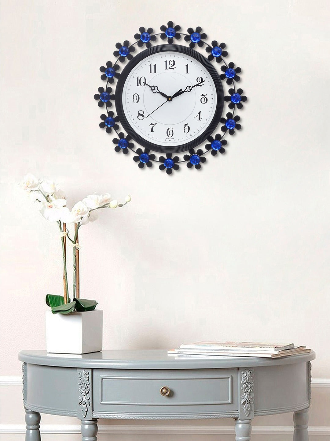 Blue & White Embellished Round Analogue Contemporary Wall Clock