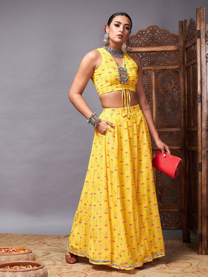 Yellow & Rust Floral Printed Ready to Wear Lehenga & Choli