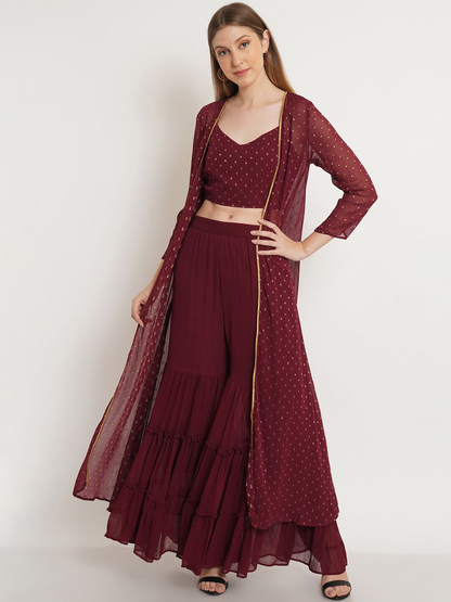 Women Maroon Top & Sharara With Shrug