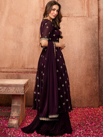 Women Mauve Ethnic Motifs Embroidered Sequinned