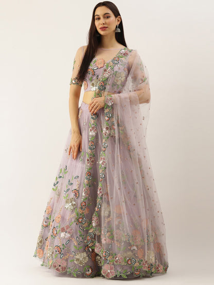 Mauve & Orange Embroidered Sequinned Semi-Stitched Lehenga & Unstitched Blouse With Dupatta