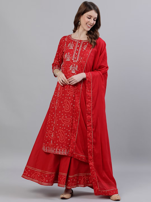 Women Red Embroidered Kurta with Sharara & Dupatta