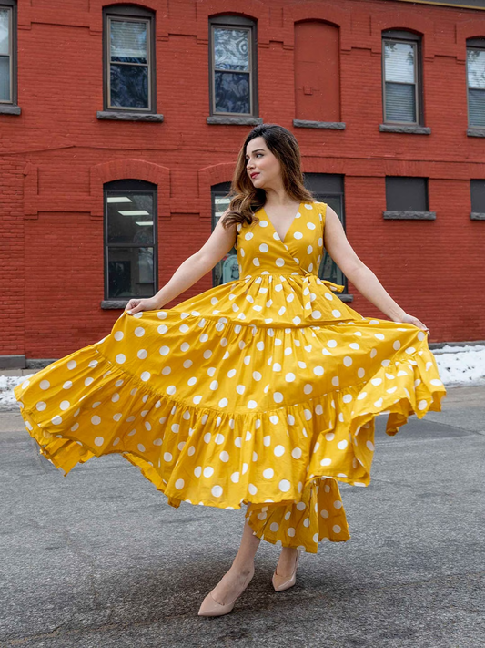 Mustard Yellow Polka Dots Printed Cotton Dress