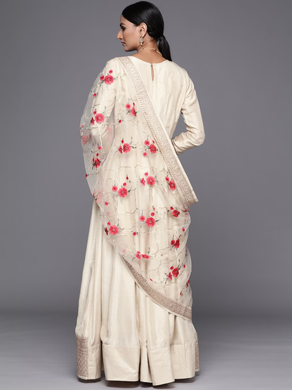 Women Off White Floral Embroidered Pure Silk Salwar Suit