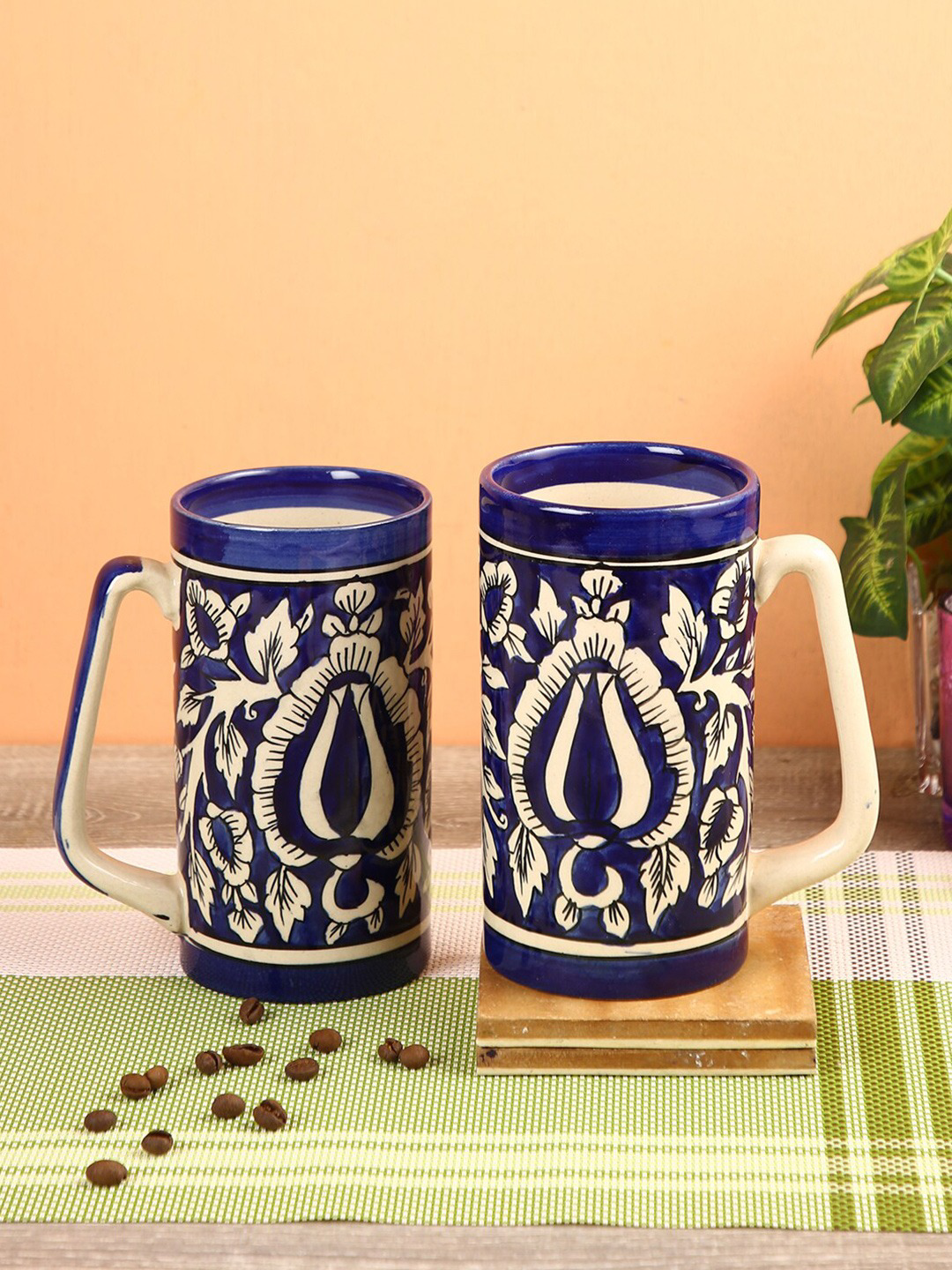 Set Of 2 Blue & Beige Printed Ceramic Glossy Coffee Mugs