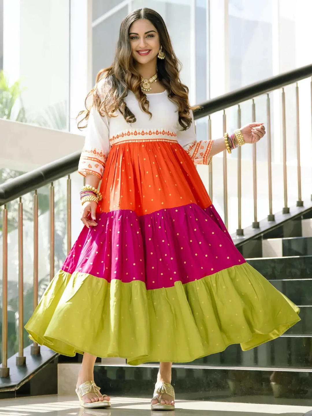 Off White Multicoloured Tiered Dress With Polka Prints And Gota Details