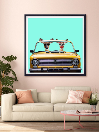 Turquoise Blue & Yellow Cartoons And Car Printed Canvas Wall Art