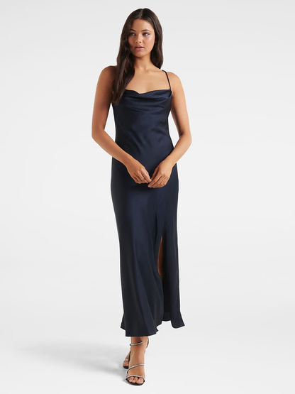 Women Navy Blue Solid Shoulder Straps Satin Maxi Dress