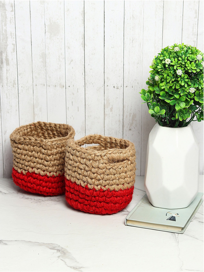 Red and Brown Set of 2 Color blocked Jute Crochet Baskets