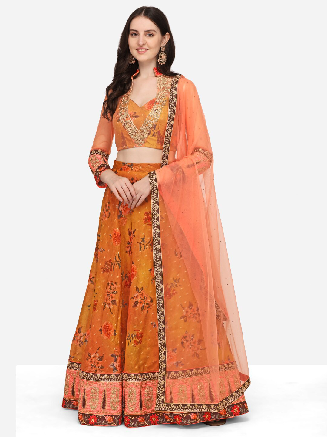 Mustard & Peach-Coloured Embroidered Ready to Wear Lehenga & Blouse With Dupatta