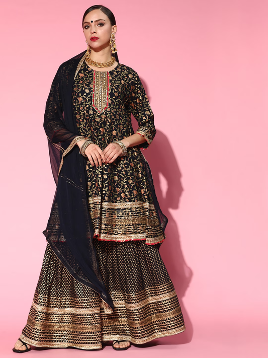 Women Navy Blue Floral Embroidered Gotta Patti Kurta with Sharara & With Dupatta